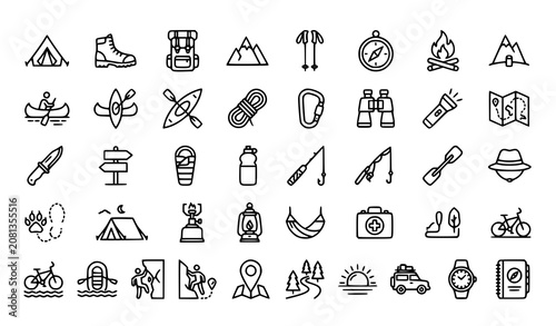 Schilderij op canvas Adventure and Outdoor Activity Line Icon Set with Camping Hiking Trekking and Ex