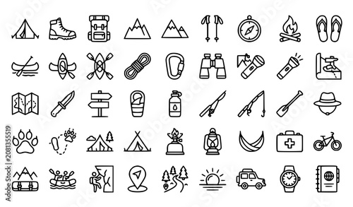 Schilderij op canvas Adventure and Outdoor Activity Line Icon Set with Camping Hiking Trekking and Ex