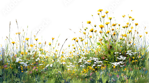 Watercolor Wildflower Meadow With Yellow Flowers and Grass on transparent background