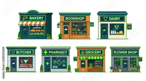 Schilderij op canvas Pixel Art Shops Collection: Bakery, Bookshop, Dairy, Butcher, Pharmacy, Grocery,