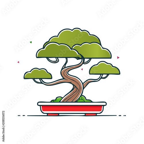 Flat illustration of a bonsai tree in a red pot