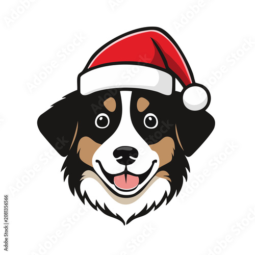 Cute Bernese Mountain Dog wearing a red Santa hat for Christmas