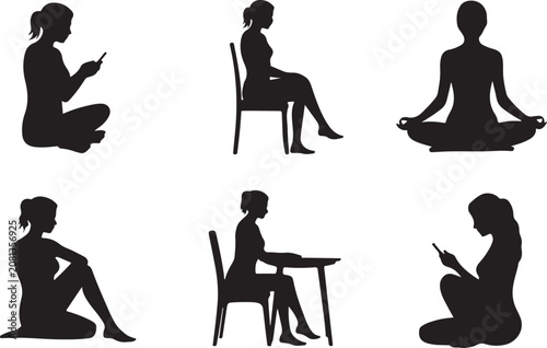 Obraz na plátně Silhouettes of people in different sitting and meditative poses