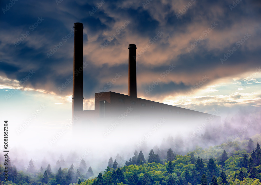Fototapeta premium Smoke plume from ower plant emitting greenhouse gas into the atmosphere on forest trees background