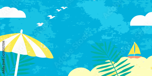 Tableau sur toile beach umbrella with palm leaves vector illustration summer sky clouds birds sail