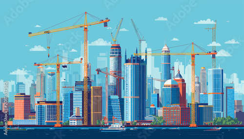 Fotografie Vibrant cityscape illustration with numerous skyscrapers under construction and towering cranes by a waterfront