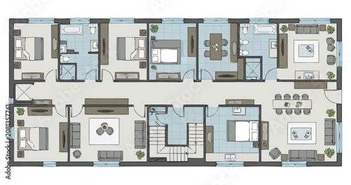 Detailed architectural floor plan showing a multi unit residential building layout with separate apartments living areas bedrooms kitchens bathrooms and communal spaces ideal for real estate