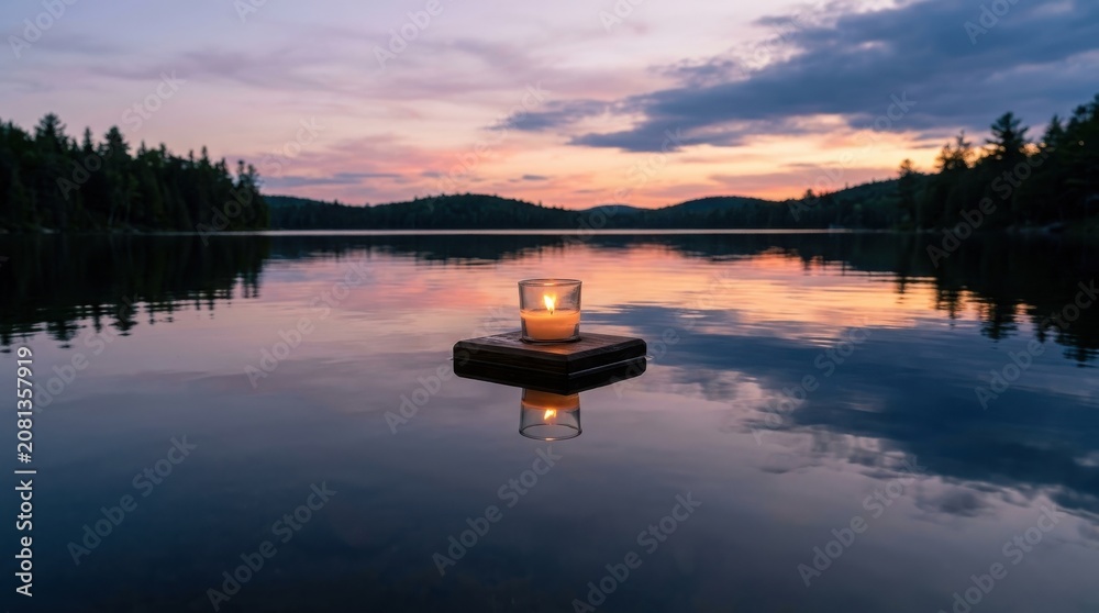 Fototapeta premium Floating memorial candle on a calm lake at twilight