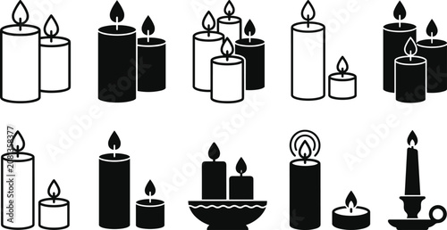 Obraz na płótnie Candle Vector Icon Set Featuring Burning Flame Wax Pillar Candlestick and Tealig