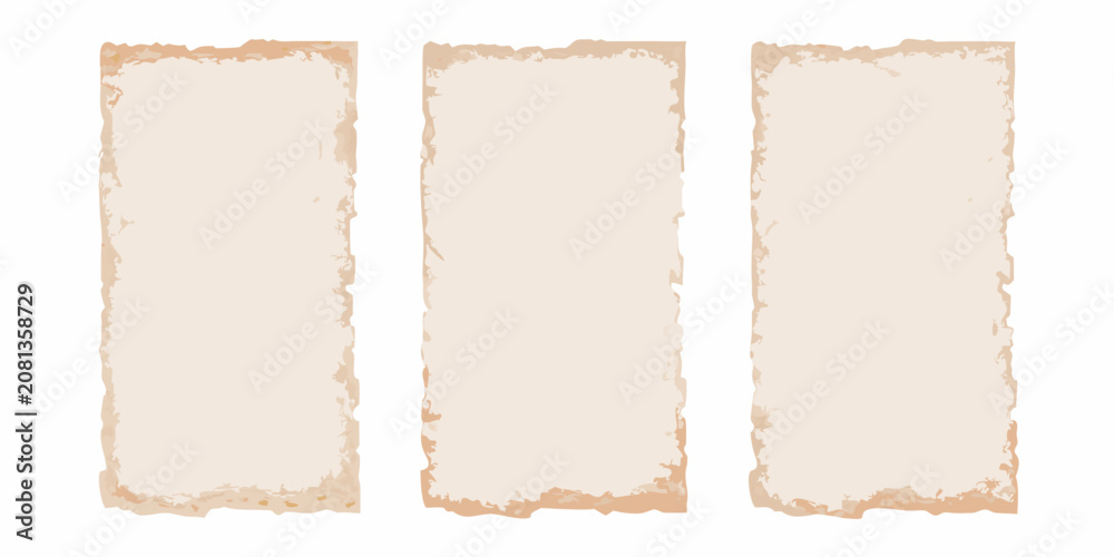 Fototapeta premium three vertical sheets of vintage parchment paper on transparent background layout antique texture sepia tone old document scroll design historical look