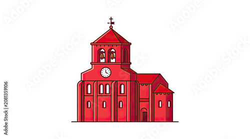Red Church Building with Clock Tower and Bells - Illustration