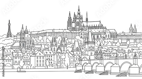 Prague Cityscape Outline Drawing: Historic Castle, Bridge, and Architecture