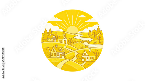 Sunny Village Landscape Illustration