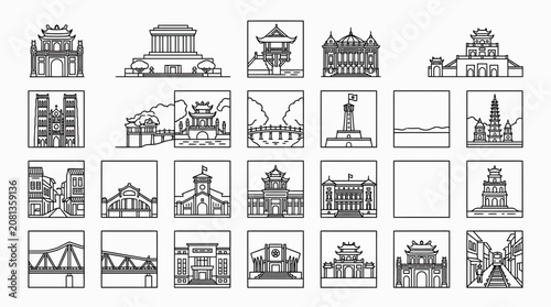 Vietnamese Landmarks Collection: Iconic Buildings and Architecture in Outline Style