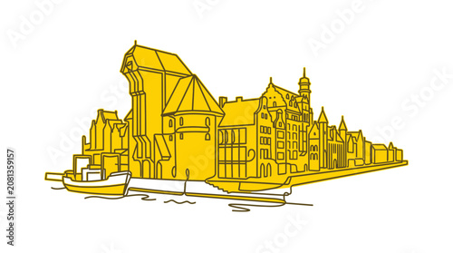 Yellow Line Art Cityscape with Historic Buildings and Boat