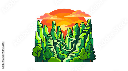 Vibrant Canyon Landscape at Sunset with Winding River and Lush Greenery