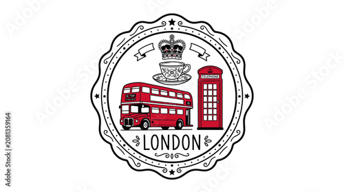 Vintage London Stamp: Double Decker Bus, Red Phone Booth, Tea Cup, Crown