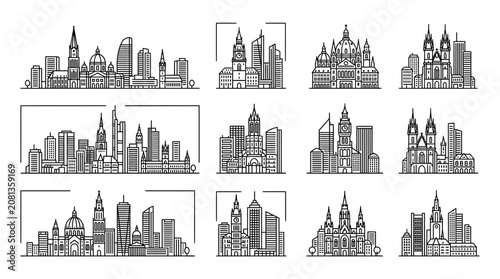 Modern and Historic City Skyline Illustrations Collection - Black and White Vector Art