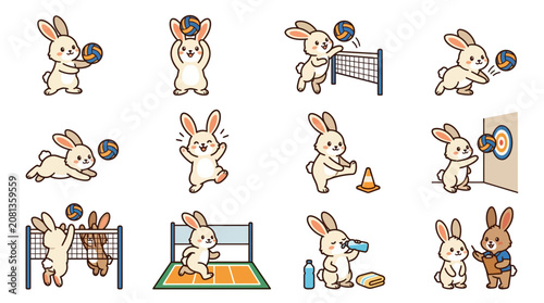 A collection of cute cartoon rabbits playing various sports and activities