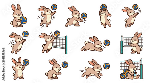 A collection of cute cartoon rabbits playing a fun game of volleyball on a white background