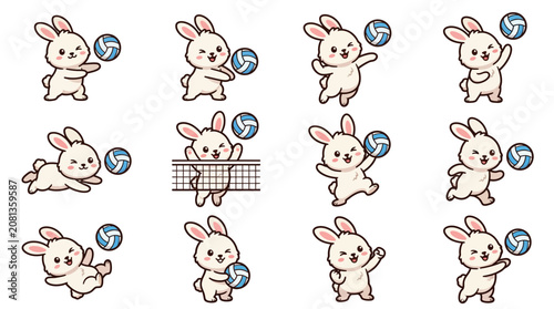 A collection of cute cartoon rabbits playing a game of volleyball on a white background