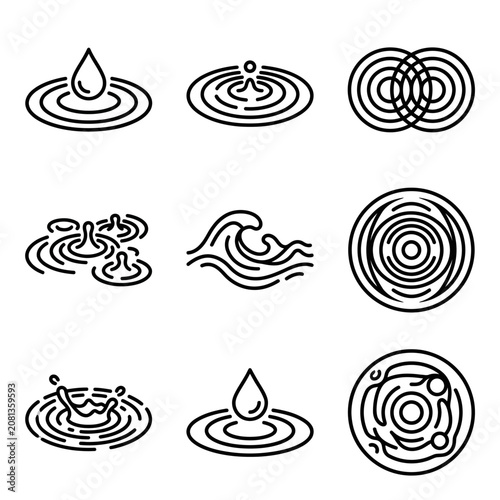 A collection of simple black line icons representing water ripples and liquid splashes