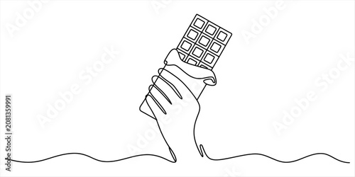 Obraz na płótnie Continuous line drawing of a human hand holding a delicious chocolate bar snack
