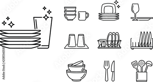 Konstfotografi Clean Dishes and Kitchenware Linear Vector Icon Set Featuring Sparkling Plates B