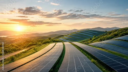 Solar panels in rolling hills during a vibrant sunset landscape
