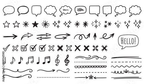 Fotografie Comprehensive collection of hand-drawn doodle design elements including arrows s