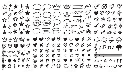 Comprehensive collection of hand-drawn vector doodle design elements featuring stars hearts crowns speech bubbles checkmarks arrows and musical notes handdrawn ornaments collection