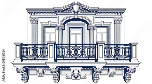 Ornate Balcony Facade Illustration: Neoclassical Architectural Detail