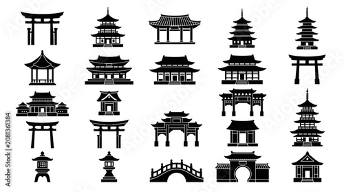 Obraz na plátně Collection of Traditional Asian Architecture Silhouettes: Pagodas, Torii Gates,