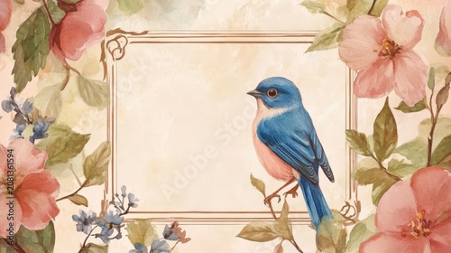 Delicate floral border surrounds a charming bird against a textured background.