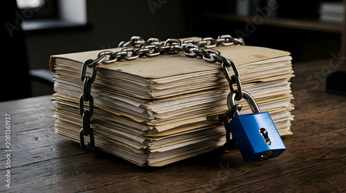 Stack of old documents secured with metal chain and blue padlock on wooden table