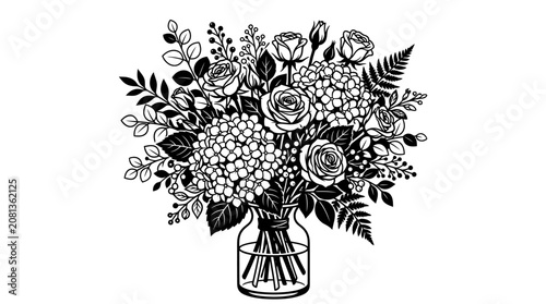 Obraz na płótnie Elegant black and white bouquet of roses, hydrangeas, and various foliage, beautifully arranged in a clear glass vase, on an isolated white background