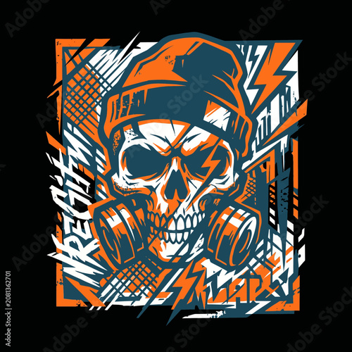 Graphic skull wearing a beanie and gas mask illustration