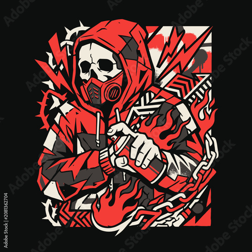 Stylized skull in a hooded sweatshirt with a spray can