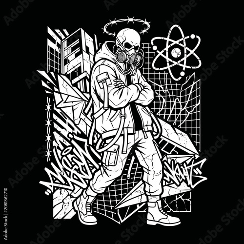 Stylized skull character with gas mask in a gritty urban scene