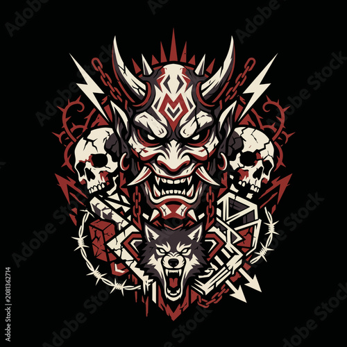 Aggressive demon mask illustration with skulls and a snarling wolf