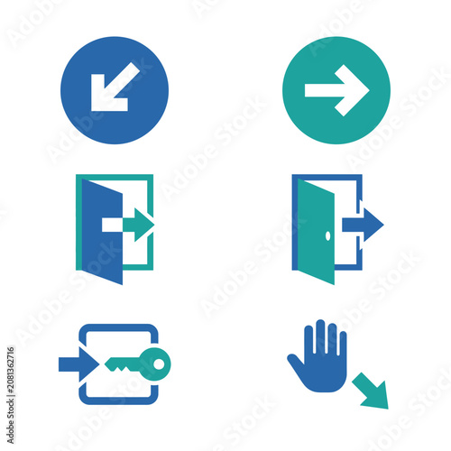 Set of blue and teal navigation and exit icons on white