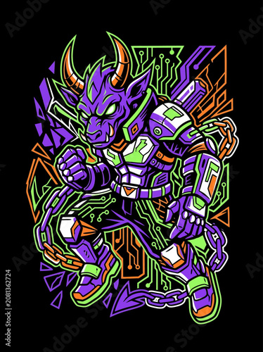 Purple beast in cybernetic armor with chains and circuit patterns