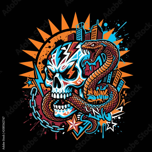 Vibrant skull and snake illustration with urban elements