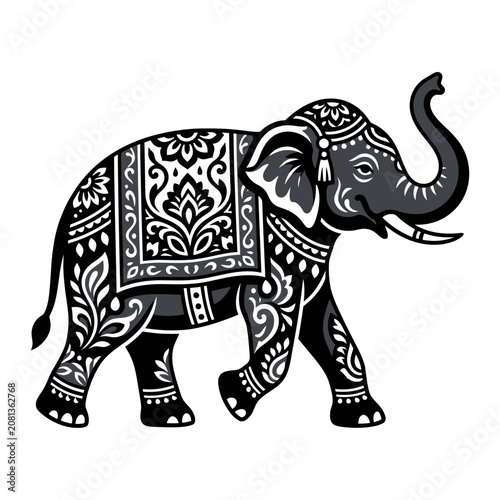 Decorative Indian elephant vector illustration in black and white