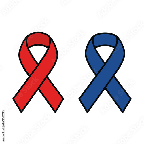 Red and blue awareness ribbons isolated on a white background