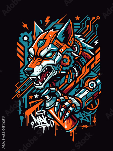 Aggressive mechanical animal with spray can creates vibrant street art
