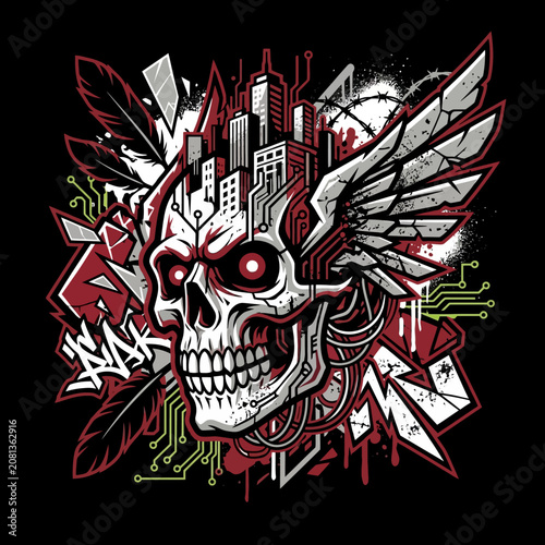 Detailed urban cybernetic skull with city buildings and wings illustration