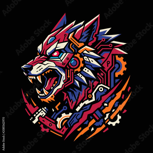 A vibrant mechanical wolf head illustration with intricate circuit patterns