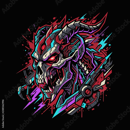 A menacing cybernetic skull creature with glowing red eyes