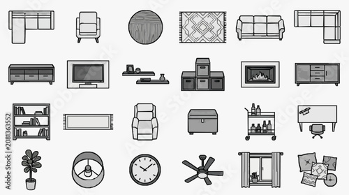 Принти на полотні Modern Minimalist Line Drawing Icons of Living Room Furniture and Decor in Monoc